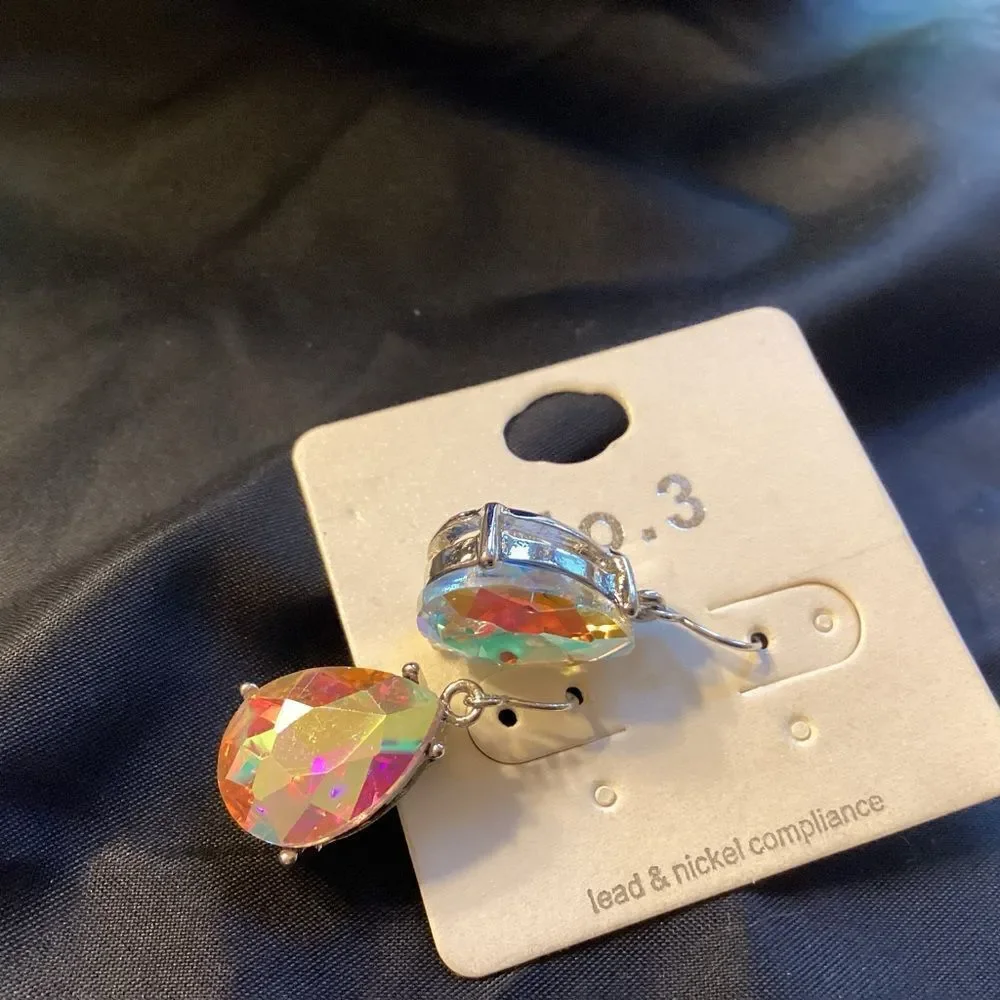 Iridescent Teardrop Earrings in Silvertone Basket Setting
